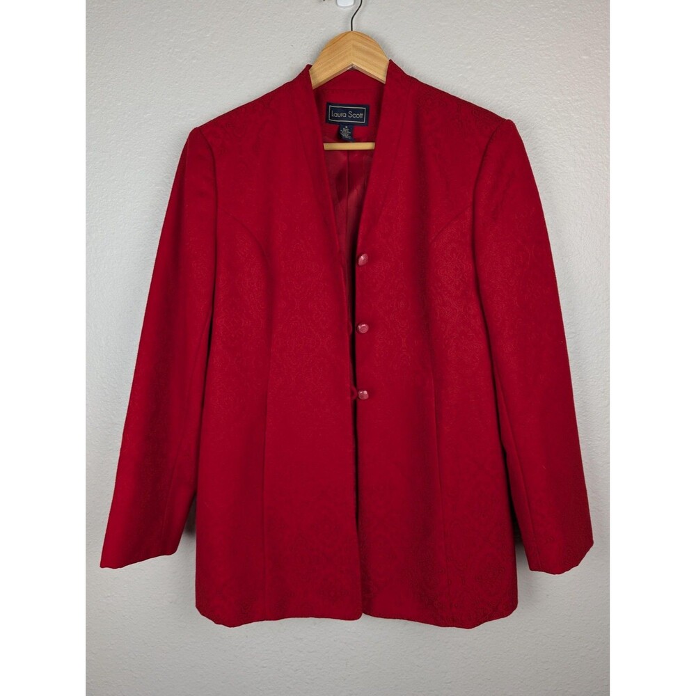 Laura‎ Scott Blazer Womens 8 Red Jacquard Floral Long Sleeve Button Up Jacket
